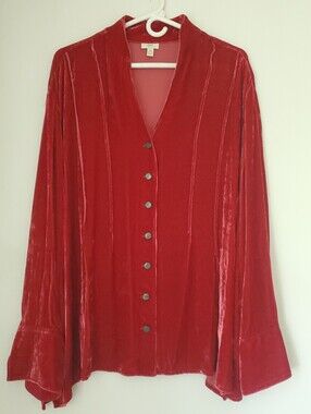 J Jill Silk Blend Crushed Velvet Button Up Top Size 4X Valentines Date Night Red